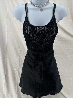 Coquette Lace 90s California Dynasty Black Satin Babydoll Slip Dress